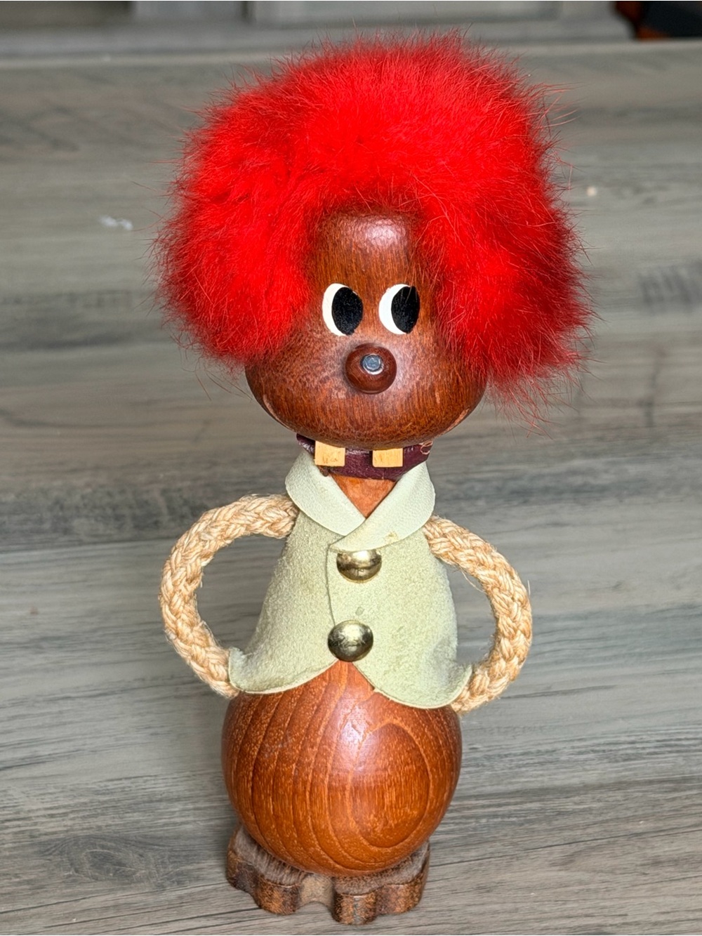 Vintage Sallingboe Danish Teak Animal Troll Wooden Doll with Bright Red Fur Hair